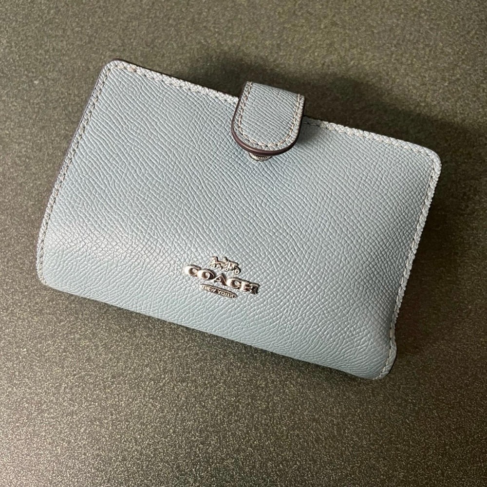 Coach Blue Pebbled Leather Wallet with Snap Closure